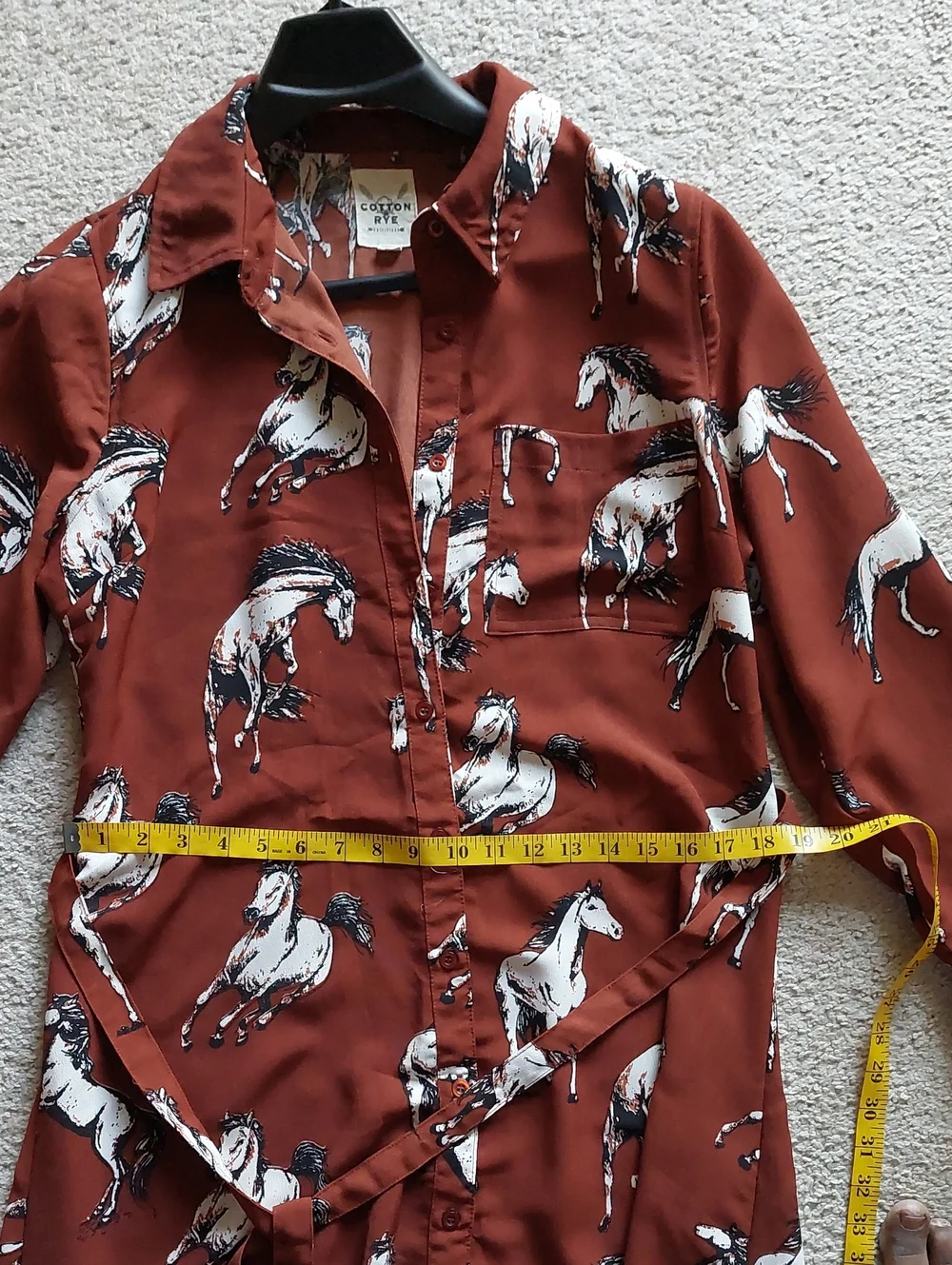Cotton & Rye Brown White Horse Print Waist Tie Midi Dress Sz L
